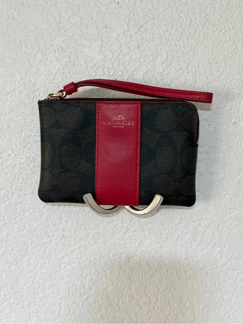 Coach Black Signature Wristlet with Red Center Stripe